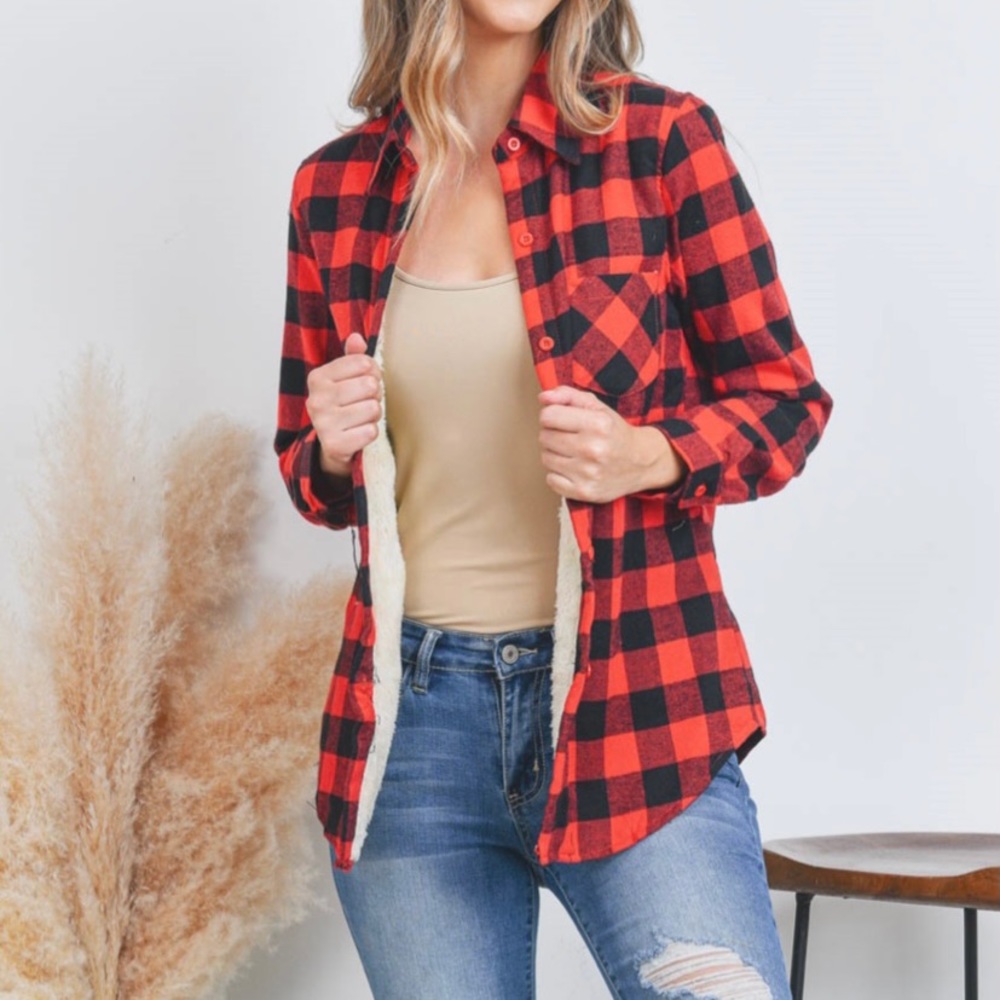 RED BLACK SHERPA FLEECE LINED PLAID FLANNEL SHIRT